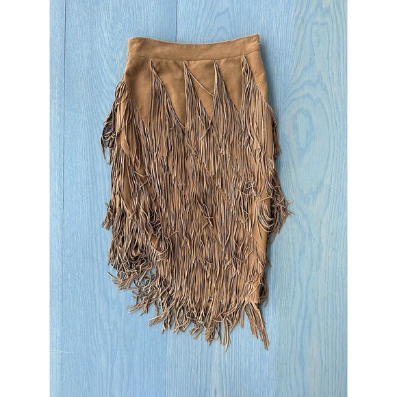 Intermix Genuine Suede Asymmetrical Leather Fringe Skirt Size P